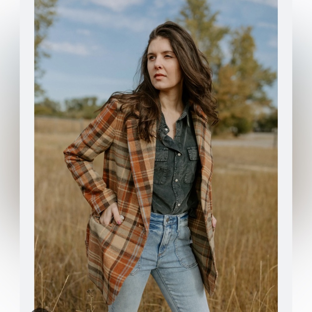 🆕 Free People Oversized Mari Plaid Blazer Wool Blend ‘Winter Wheat’, Medium